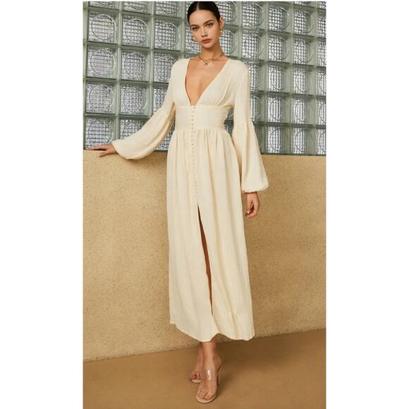 Commense Boho Lantern Beige Split Maxi Dress Plunge Button-Front X-Small XS NEW - Picture 1 of 11